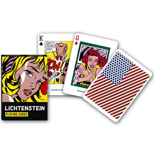 Francia kártya 1x55-ös „Lichtenstein” készlet dobozzal, pop-art stílusú képregényes grafikákat és élénk színeket ábrázoló lapokkal.