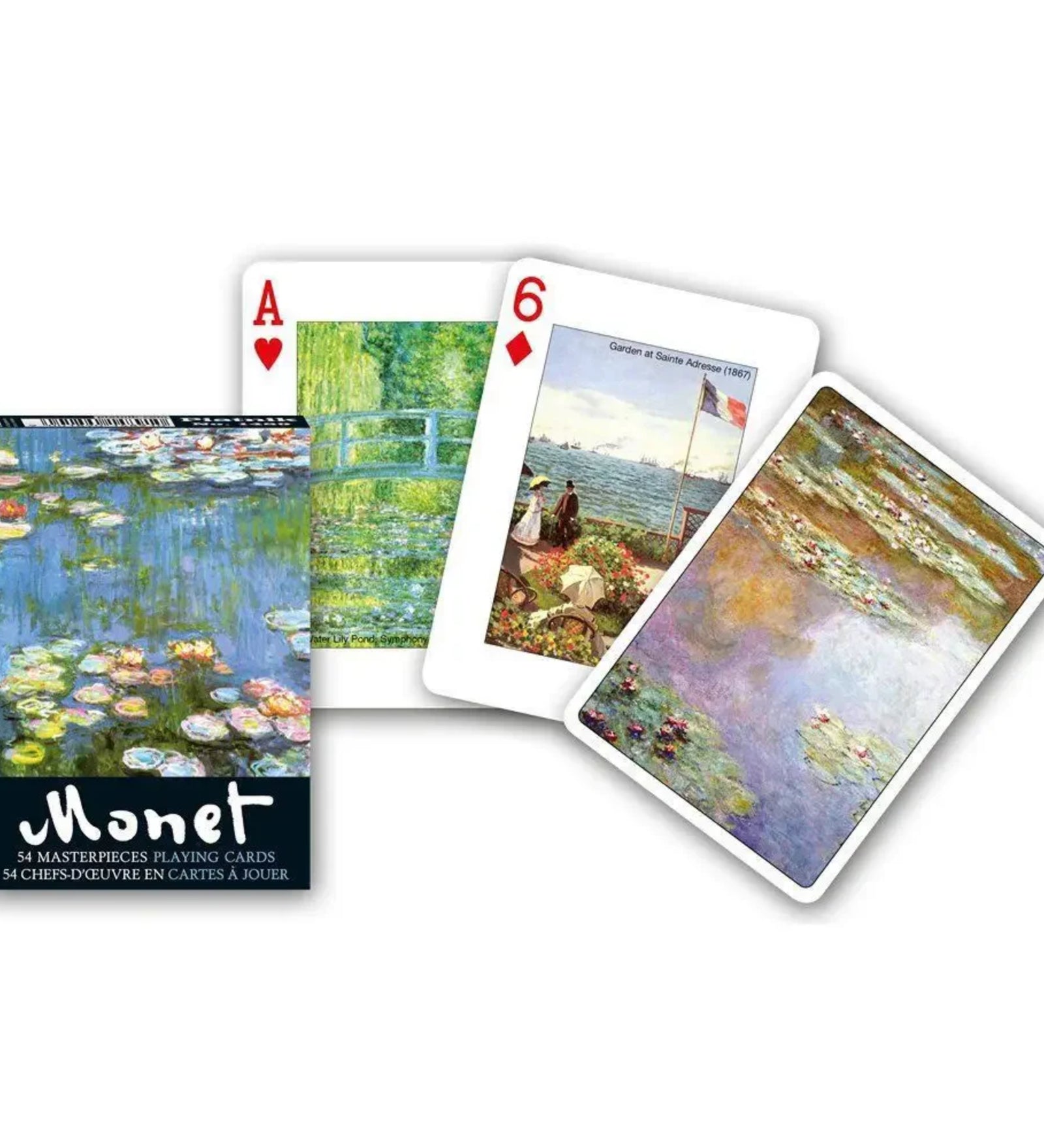 Francia kártya 1x55-ös „Monet festmények” készlet dobozzal, impresszionista tájképeket és vízililiomos motívumokat ábrázoló grafikákkal.