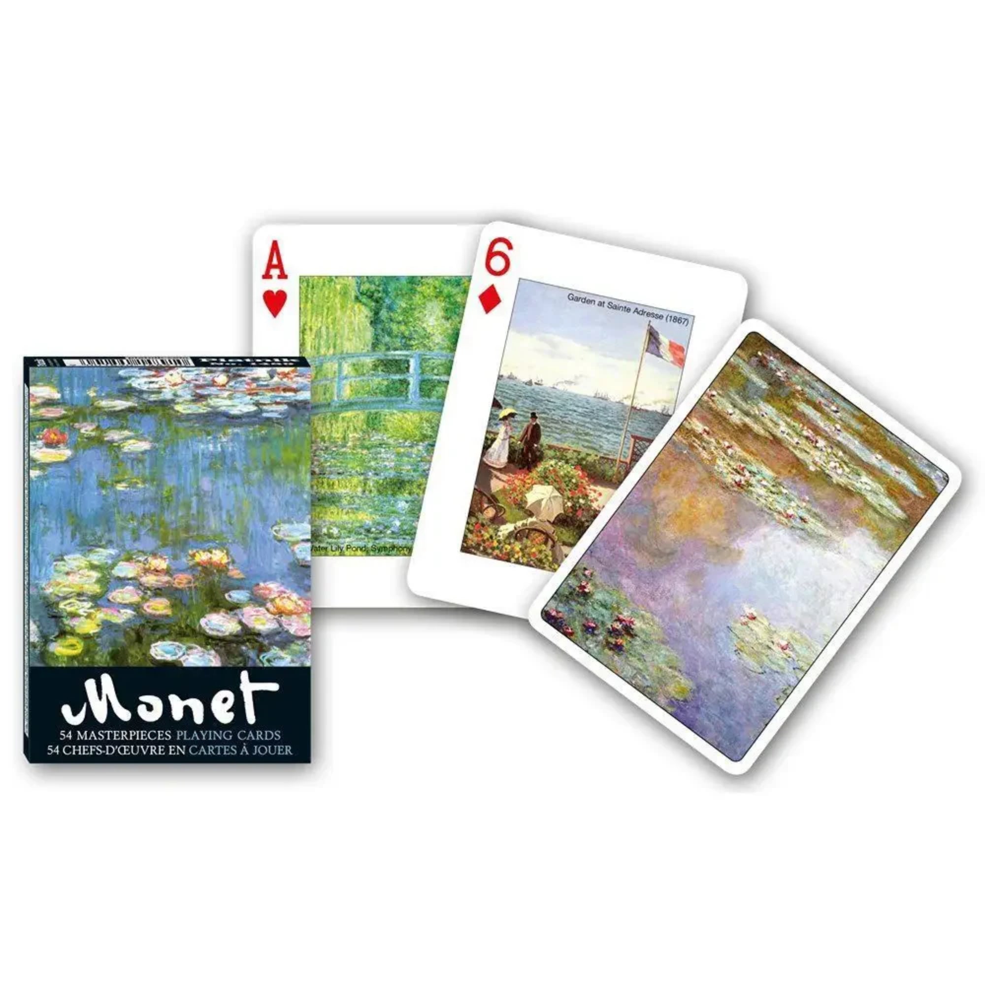 Francia kártya 1x55-ös „Monet festmények” készlet dobozzal, impresszionista tájképeket és vízililiomos motívumokat ábrázoló grafikákkal.