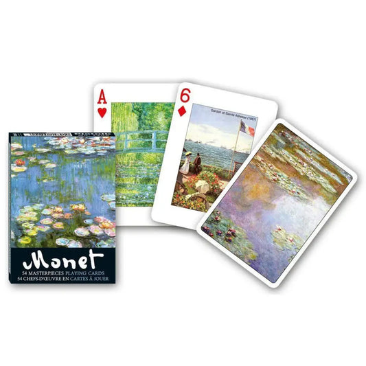 Francia kártya 1x55-ös „Monet festmények” készlet dobozzal, impresszionista tájképeket és vízililiomos motívumokat ábrázoló grafikákkal.
