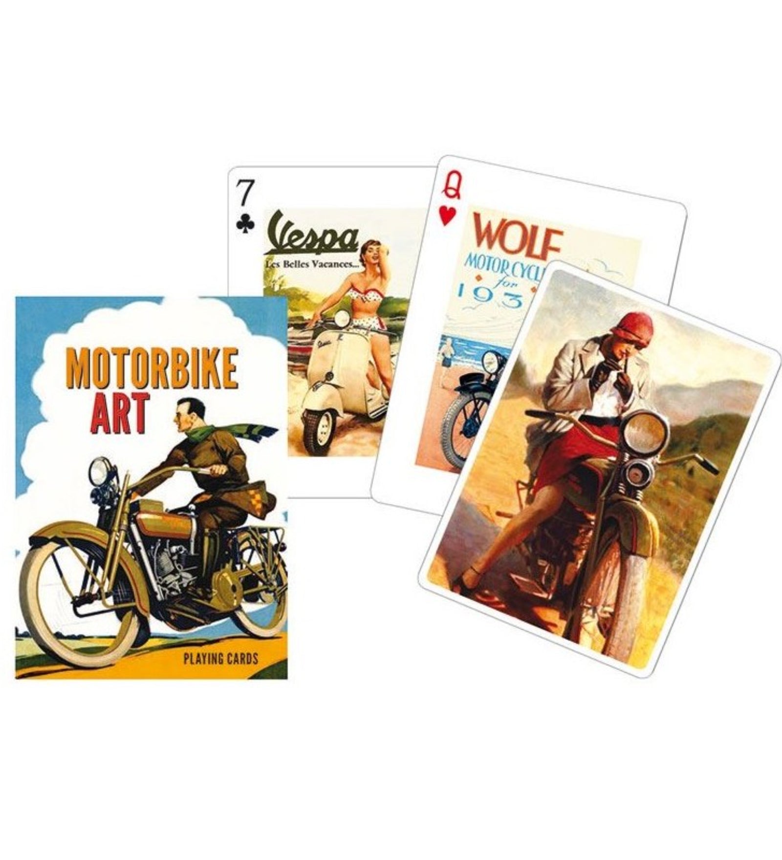 Francia kártya 1x55-ös „Motorbike Art” készlet dobozzal, vintage motorokat és retro motoros plakátokat ábrázoló grafikákkal díszített játékkártyákkal.