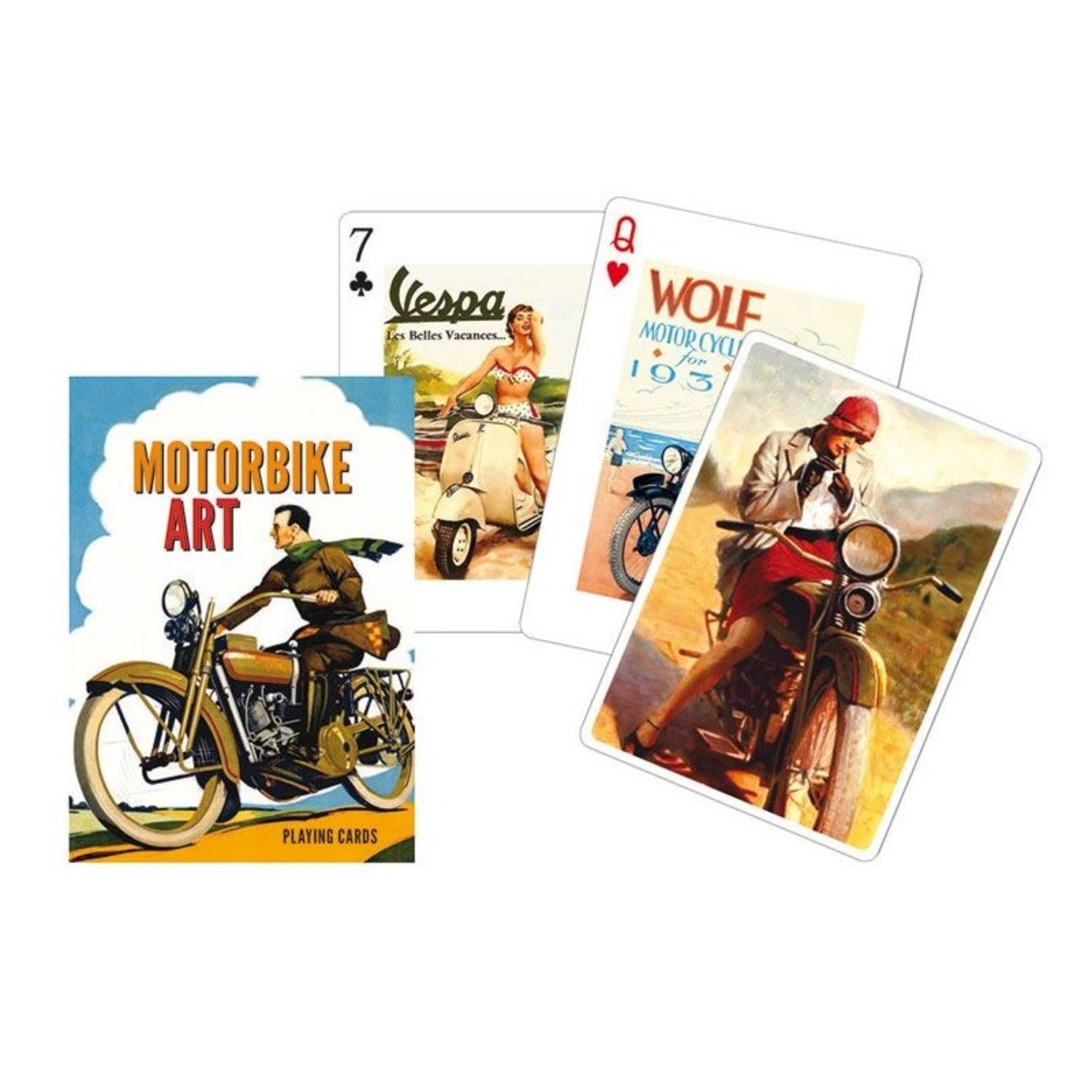Francia kártya 1x55-ös „Motorbike Art” készlet dobozzal, vintage motorokat és retro motoros plakátokat ábrázoló grafikákkal díszített játékkártyákkal.