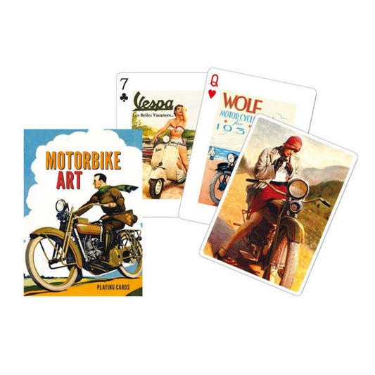 Francia kártya 1x55-ös „Motorbike Art” készlet dobozzal, vintage motorokat és retro motoros plakátokat ábrázoló grafikákkal díszített játékkártyákkal.