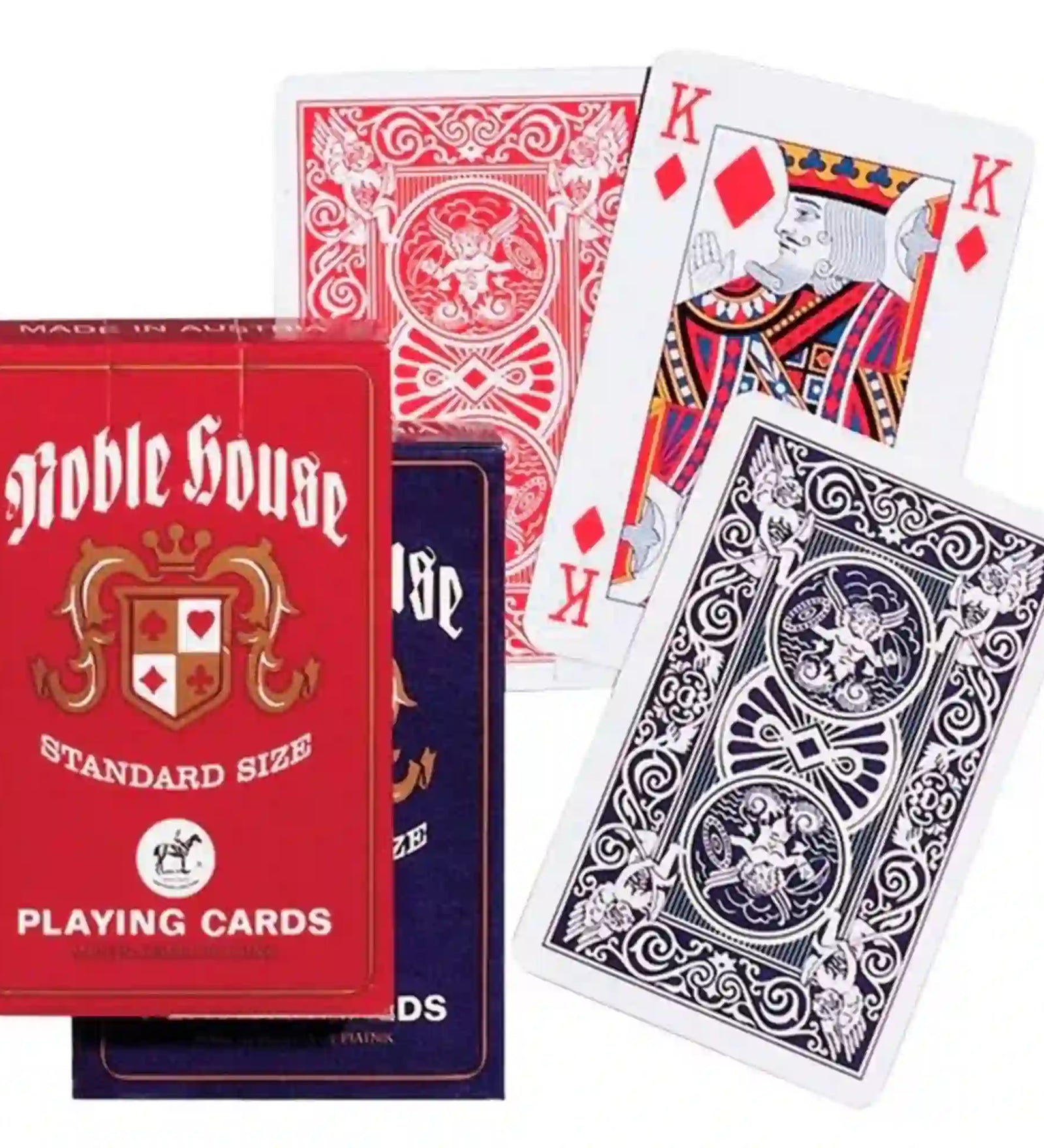 Francia kártya 1x55-ös Noble House készlet piros dobozban, klasszikus francia játékkártyákkal, elegáns mintás hátoldallal és hagyományos király figurás lapokkal, Piatnik kivitelben