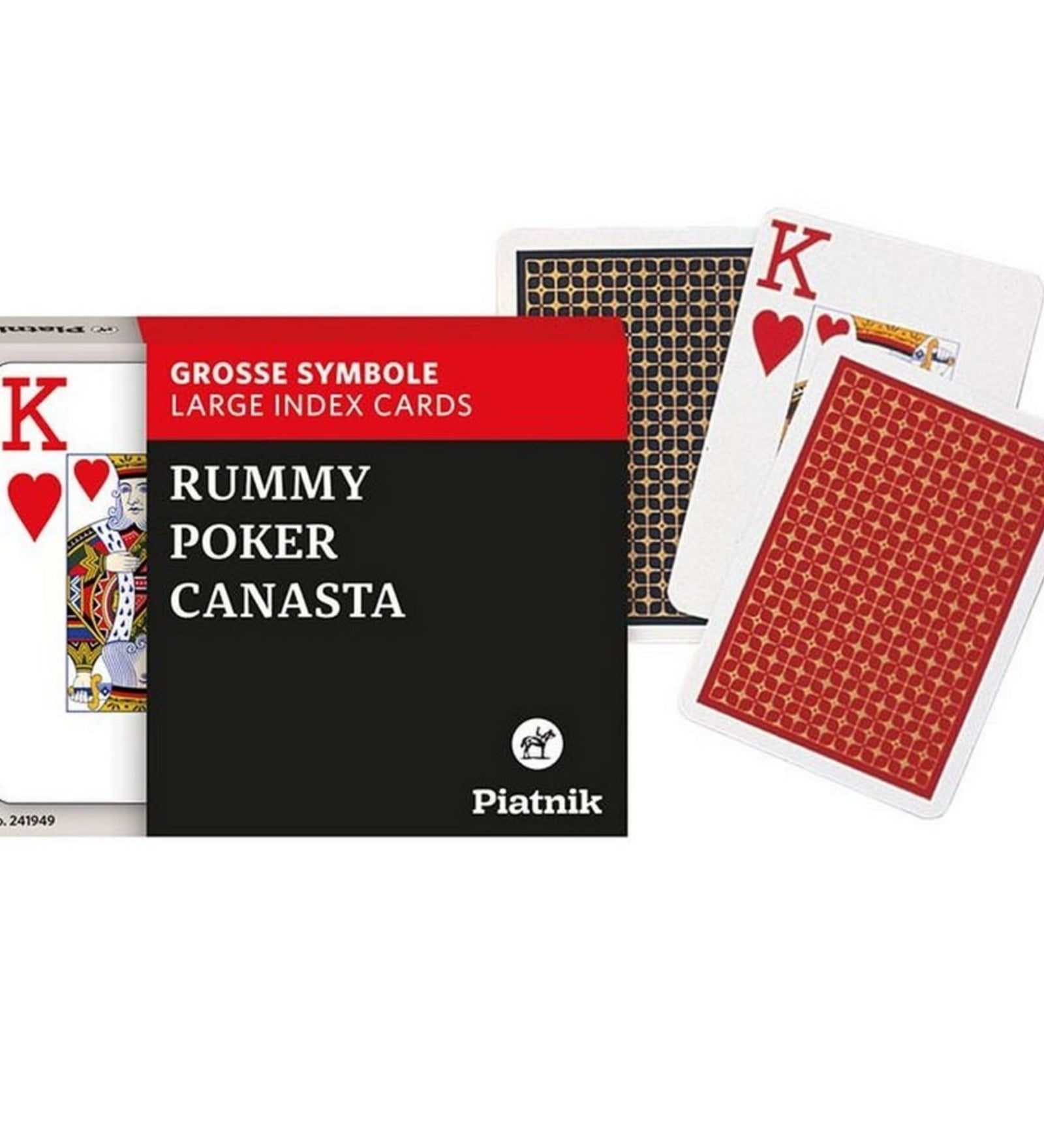 Piatnik Rummy Poker Canasta kártya készlet dobozzal és kártyalapokkal – piros és kék mintás hátlap, király lap elölnézetben.