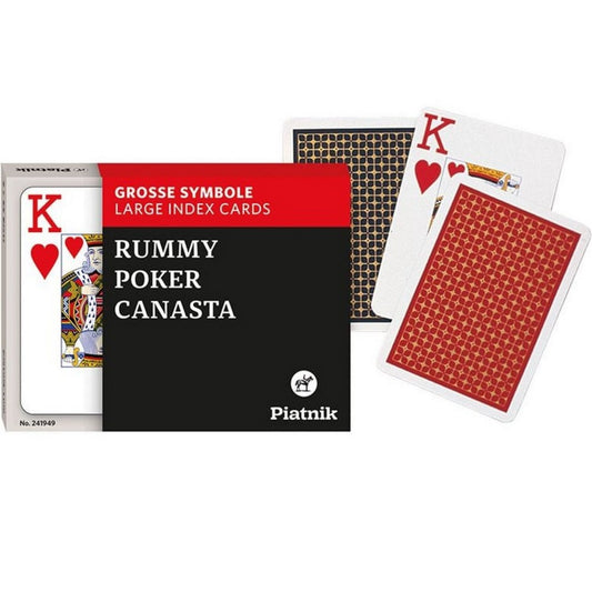 Piatnik Rummy Poker Canasta kártya készlet dobozzal és kártyalapokkal – piros és kék mintás hátlap, király lap elölnézetben.