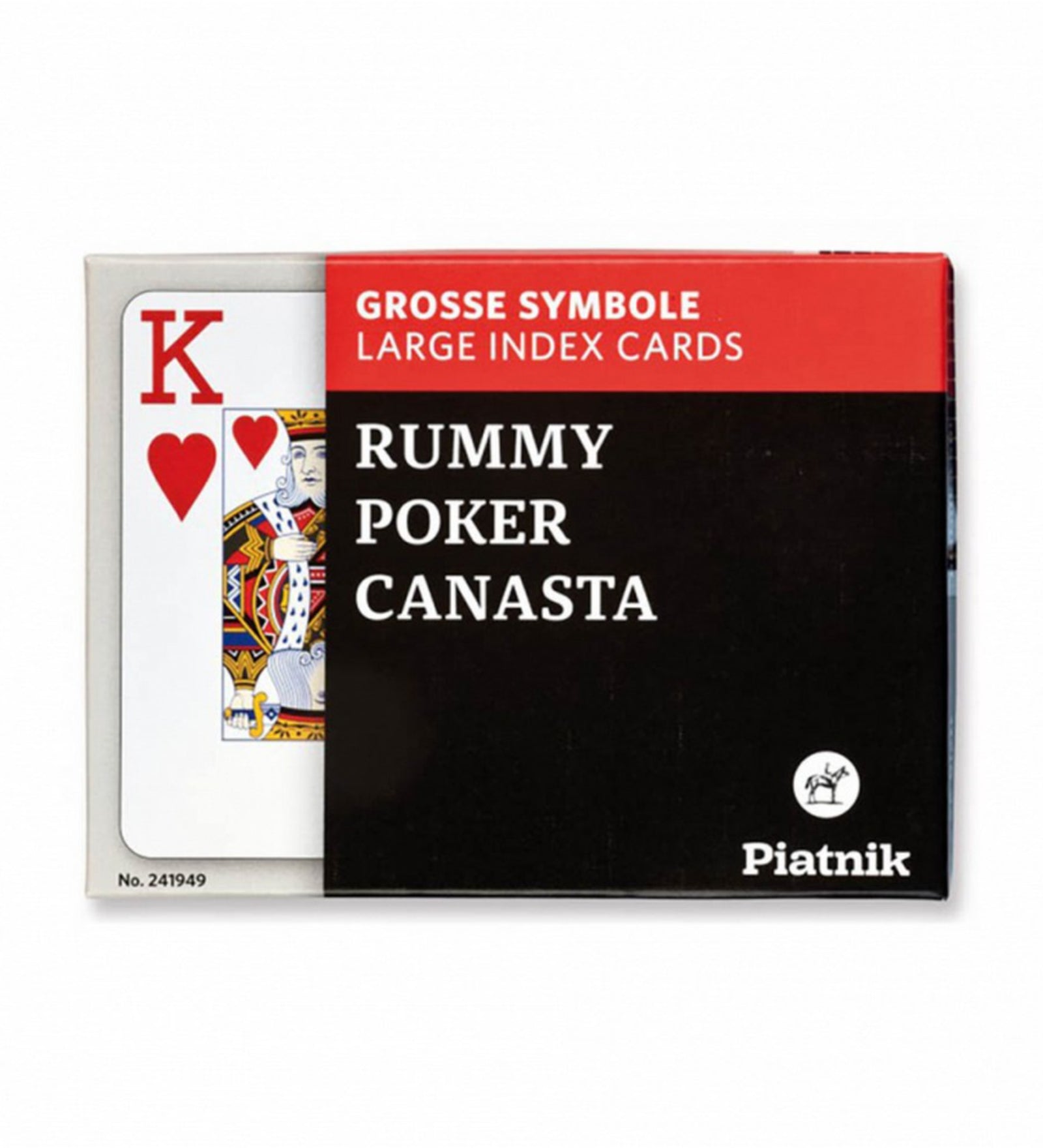 Piatnik Rummy Poker Canasta kártya készlet doboza nagy indexű lapokkal, elől király kártya részlettel.