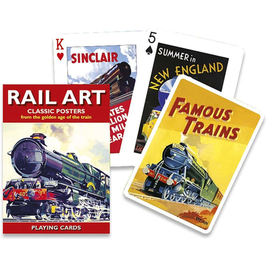 Rail Art tematikájú francia kártya készlet klasszikus vonatos plakátokkal és vintage mozdonyokat ábrázoló lapokkal.
