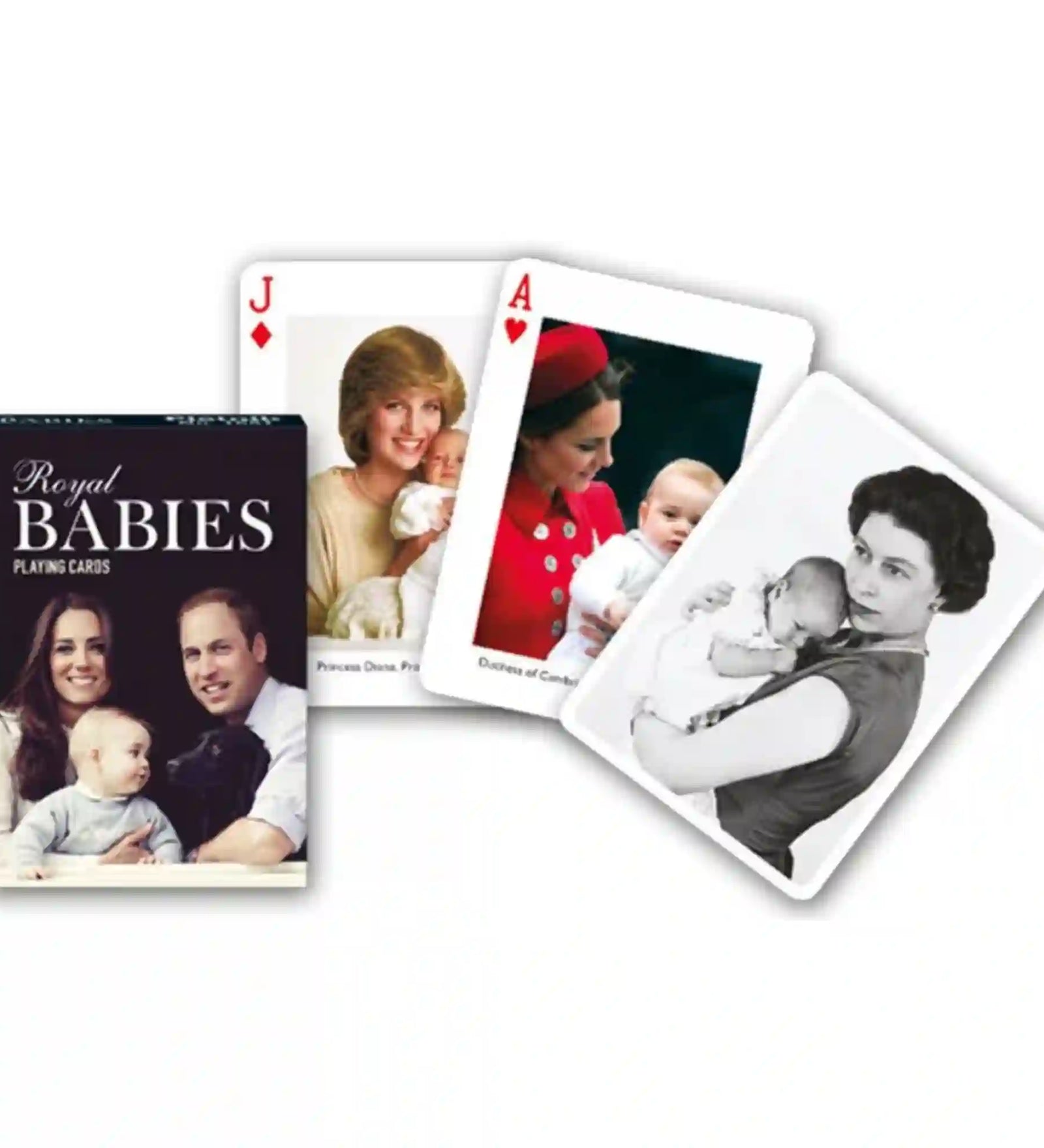 Francia kártya 1x55-ös Royal Babies készlet dobozzal, brit királyi család babáit ábrázoló fotókkal és elegáns portré grafikákkal