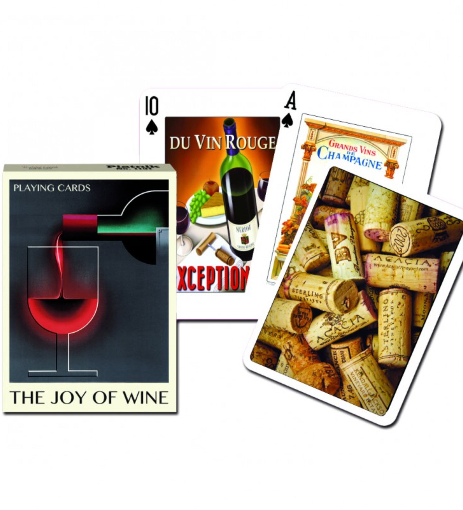 The Joy of Wine tematikájú francia kártya készlet boros témájú illusztrációkkal, parafadugókkal és elegáns borkultúrát idéző grafikákkal díszített lapokkal.