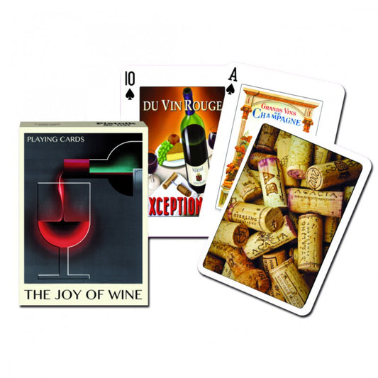 The Joy of Wine tematikájú francia kártya készlet boros témájú illusztrációkkal, parafadugókkal és elegáns borkultúrát idéző grafikákkal díszített lapokkal.