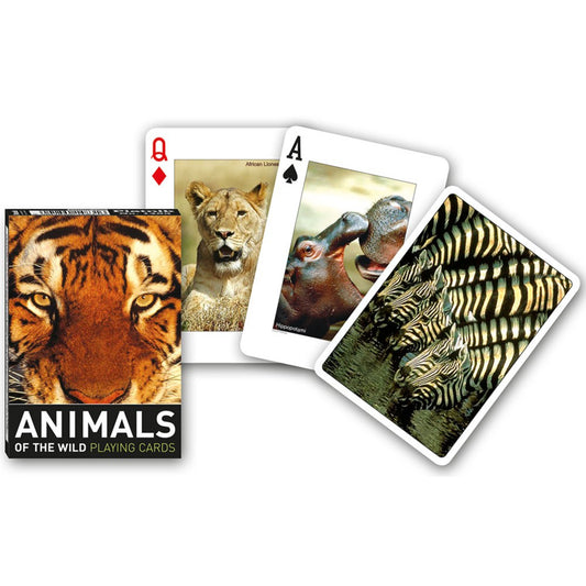 Francia kártya 1x55-ös „Animals of the Wild” készlet dobozzal, vadállatokat ábrázoló fotókkal, oroszlán, víziló és zebra grafikákkal díszített játékkártyákkal.