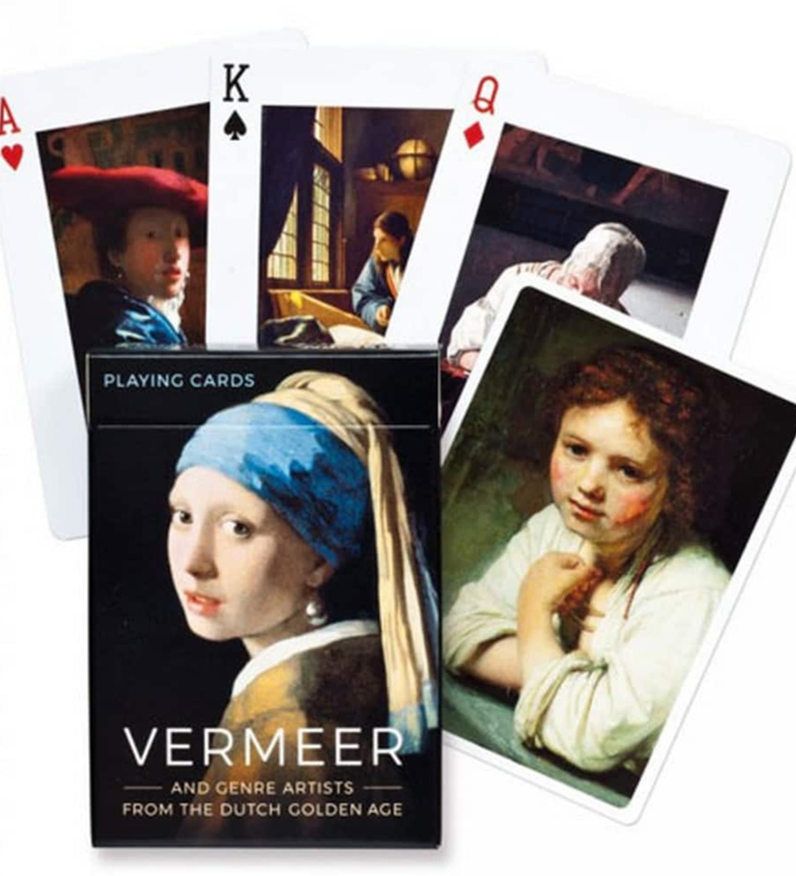 Vermeer festményeivel díszített francia kártya készlet, művészeti reprodukciókkal ellátott lapok és elegáns doboz.