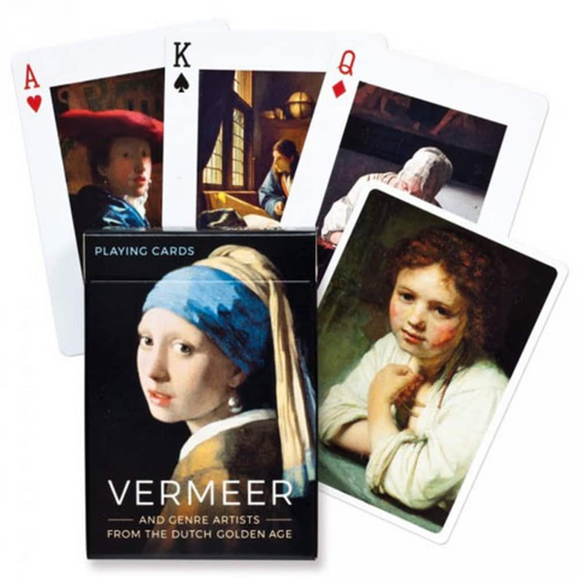 Vermeer festményeivel díszített francia kártya készlet, művészeti reprodukciókkal ellátott lapok és elegáns doboz.