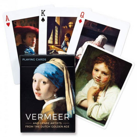 Vermeer festményeivel díszített francia kártya készlet, művészeti reprodukciókkal ellátott lapok és elegáns doboz.