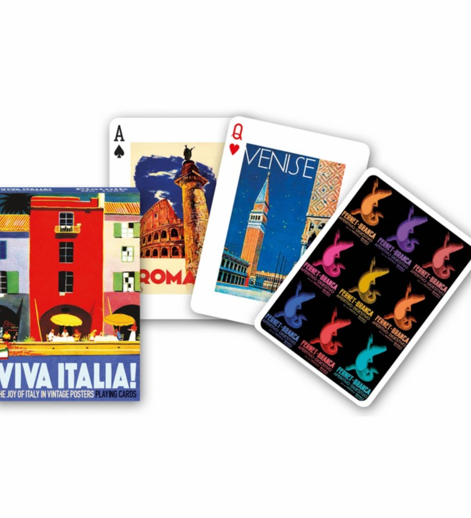 Viva Italia tematikájú francia kártya készlet vintage olasz plakátokkal, ikonikus városokkal és színes grafikákkal díszített lapokkal.