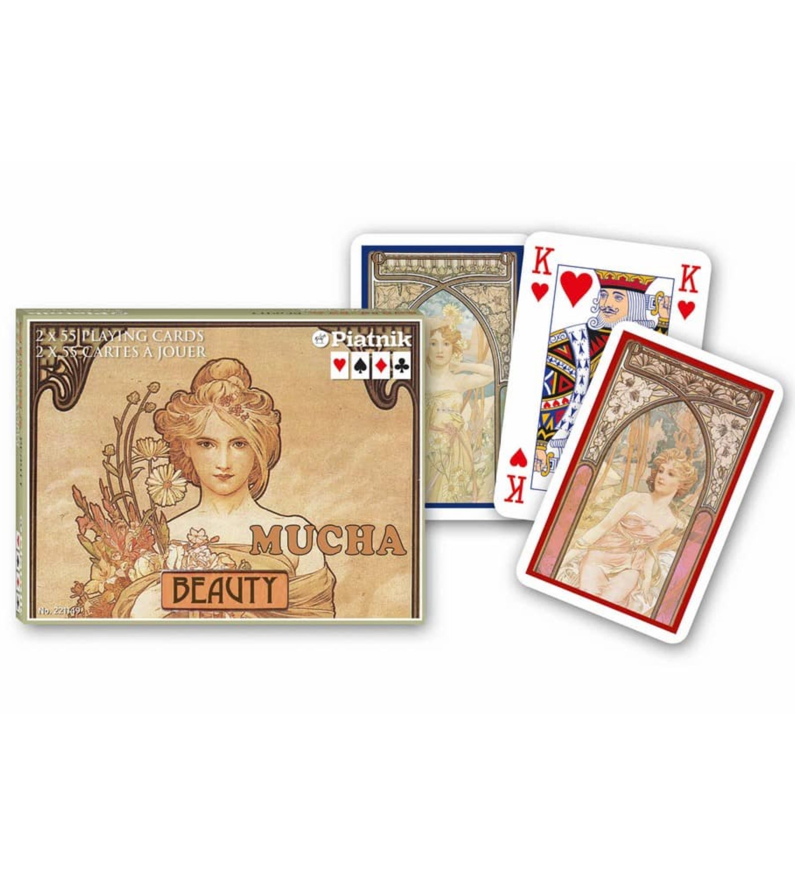 Alfons Mucha Beauty tematikájú francia kártya készlet (2x55 lap), szecessziós stílusú női portrékkal és elegáns, művészi grafikákkal díszített lapokkal.