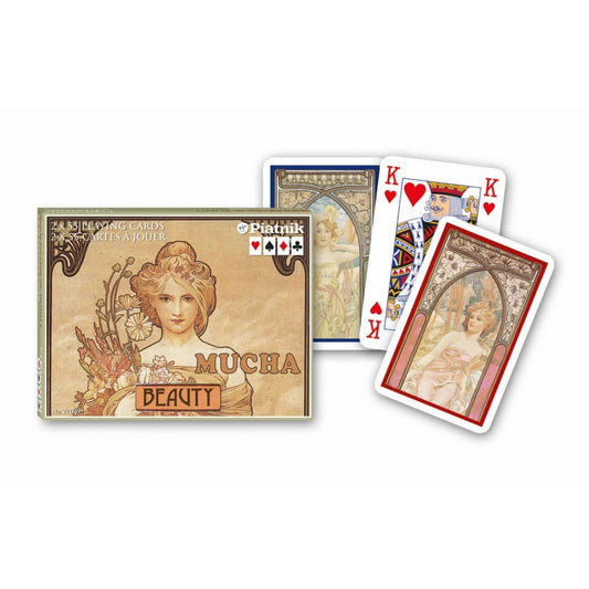 Alfons Mucha Beauty tematikájú francia kártya készlet (2x55 lap), szecessziós stílusú női portrékkal és elegáns, művészi grafikákkal díszített lapokkal.
