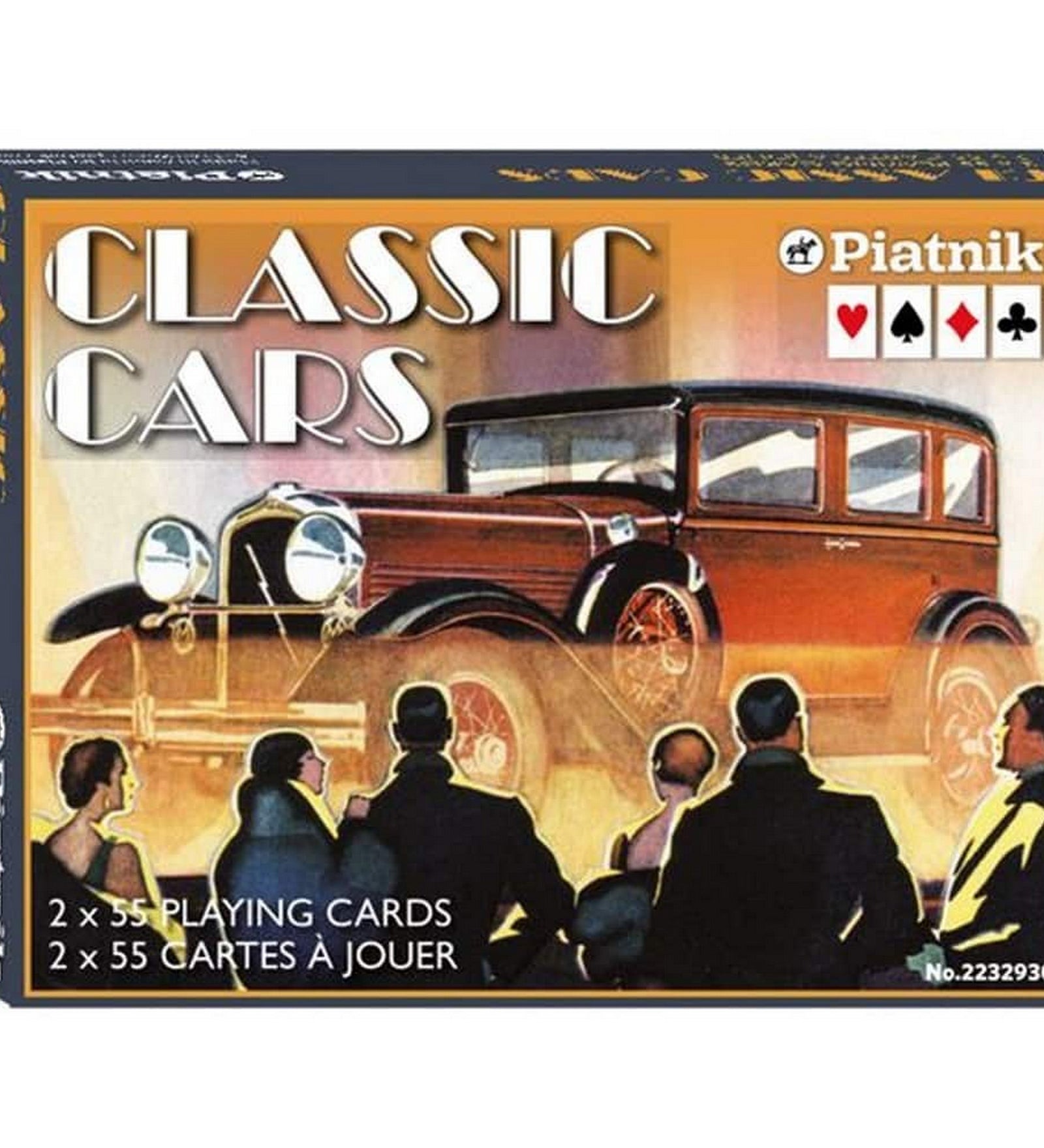 Piatnik Classic Cars kártya készlet doboza klasszikus autó grafikával, 2 paklis francia kártya jelöléssel.