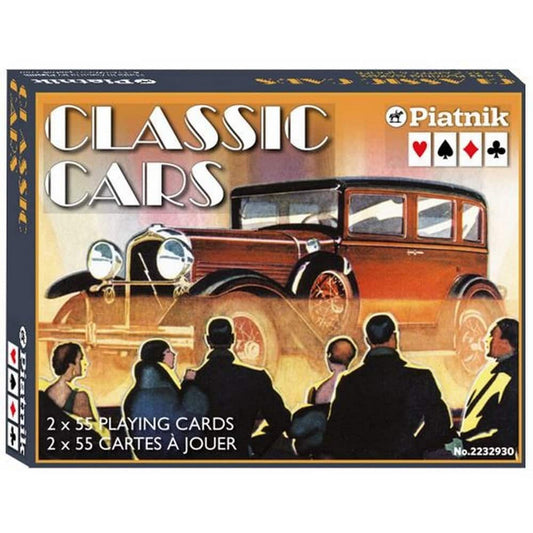 Piatnik Classic Cars kártya készlet doboza klasszikus autó grafikával, 2 paklis francia kártya jelöléssel.