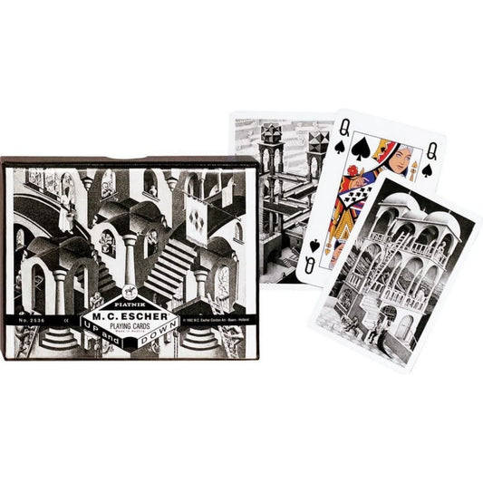Francia kártya 2x55-ös „M. C. Escher – Up and Down” készlet díszdobozzal, optikai illúziókat és különleges perspektívákat ábrázoló, művészi grafikájú játékkártyákkal.