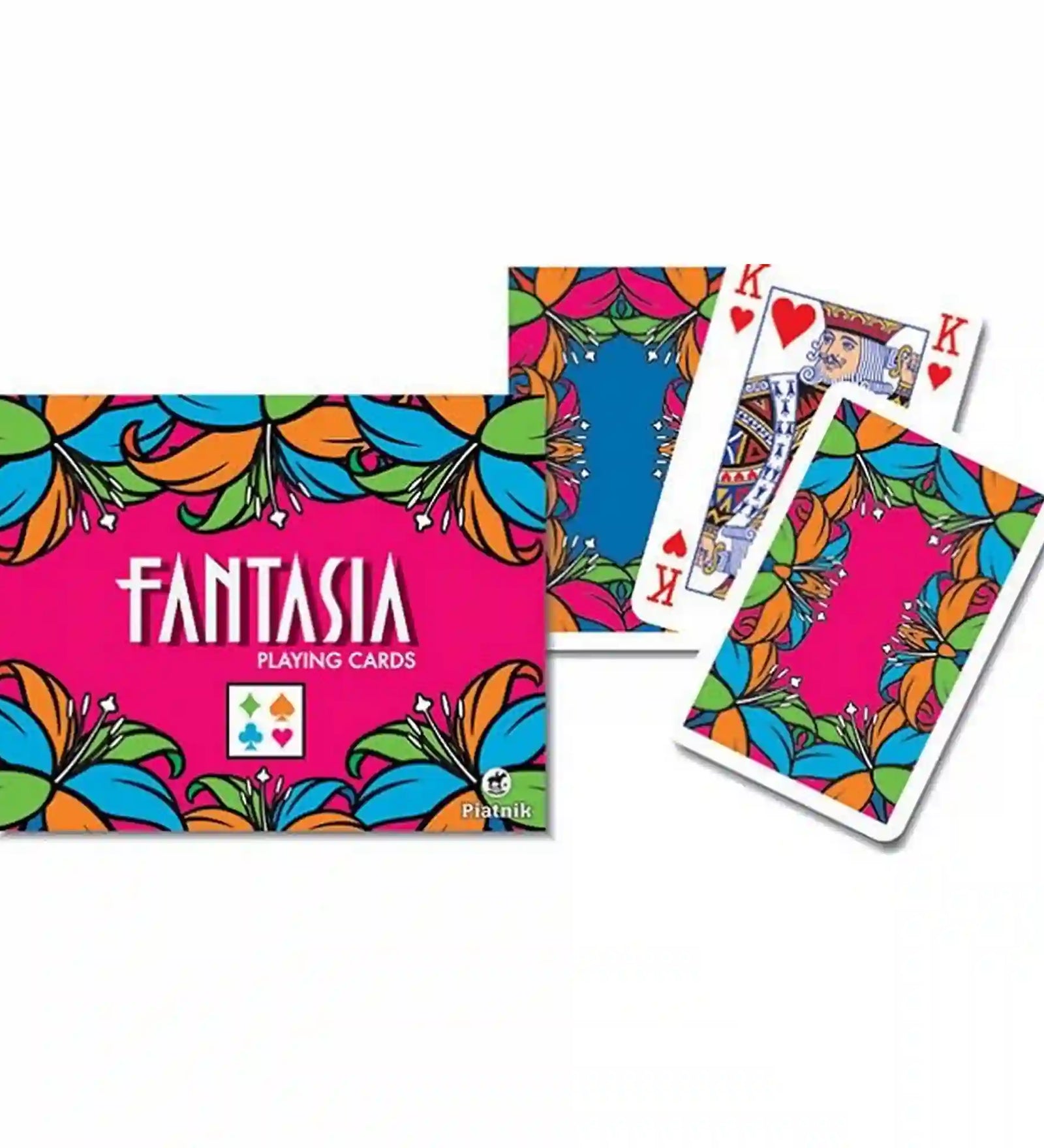 Francia kártya 2x55-ös Fantasia készlet élénk színes, virágmintás dizájnnal, modern grafikával, klasszikus francia lapokkal és dekoratív hátoldallal, Piatnik kivitelben