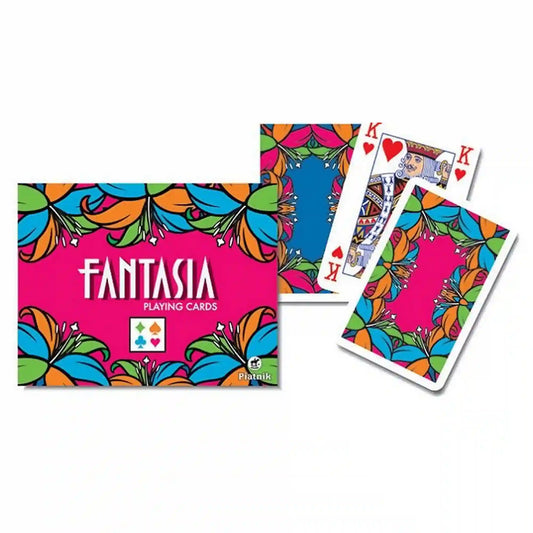Francia kártya 2x55-ös Fantasia készlet élénk színes, virágmintás dizájnnal, modern grafikával, klasszikus francia lapokkal és dekoratív hátoldallal, Piatnik kivitelben