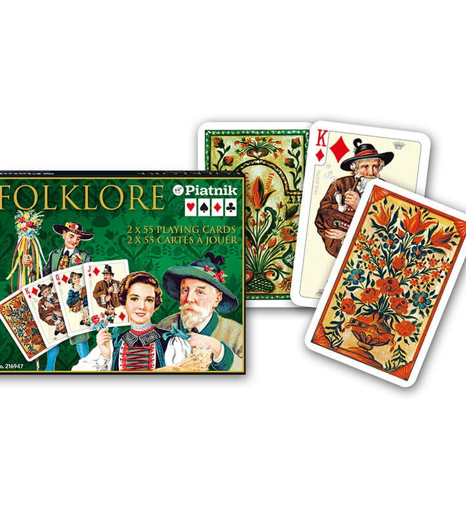 Francia kártya 2x55-ös „Folklore” készlet díszdobozzal, népművészeti motívumokat és hagyományos viseleteket ábrázoló színes grafikákkal.