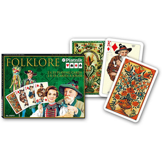 Francia kártya 2x55-ös „Folklore” készlet díszdobozzal, népművészeti motívumokat és hagyományos viseleteket ábrázoló színes grafikákkal.