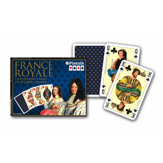 Francia kártya 2x55-ös „France Royale” készlet díszdobozzal, francia királyi portrékat és elegáns heraldikai motívumokat ábrázoló grafikákkal.