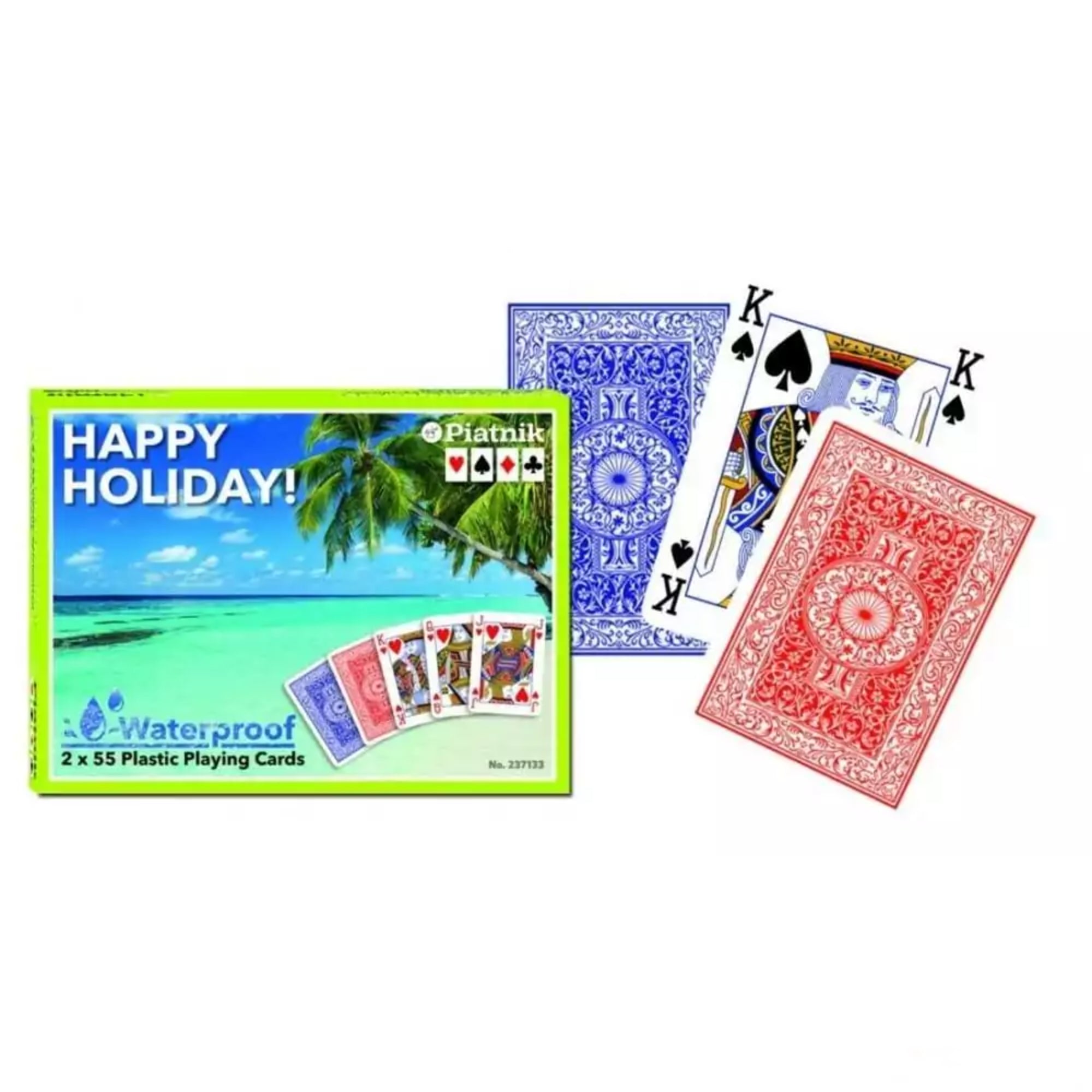 Francia kártya 2x55-ös „Happy Holiday” készlet műanyag kivitelben, vízálló lapokkal és klasszikus mintás hátlappal.