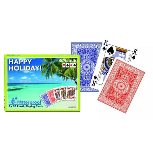 Francia kártya 2x55-ös „Happy Holiday” készlet műanyag kivitelben, vízálló lapokkal és klasszikus mintás hátlappal.