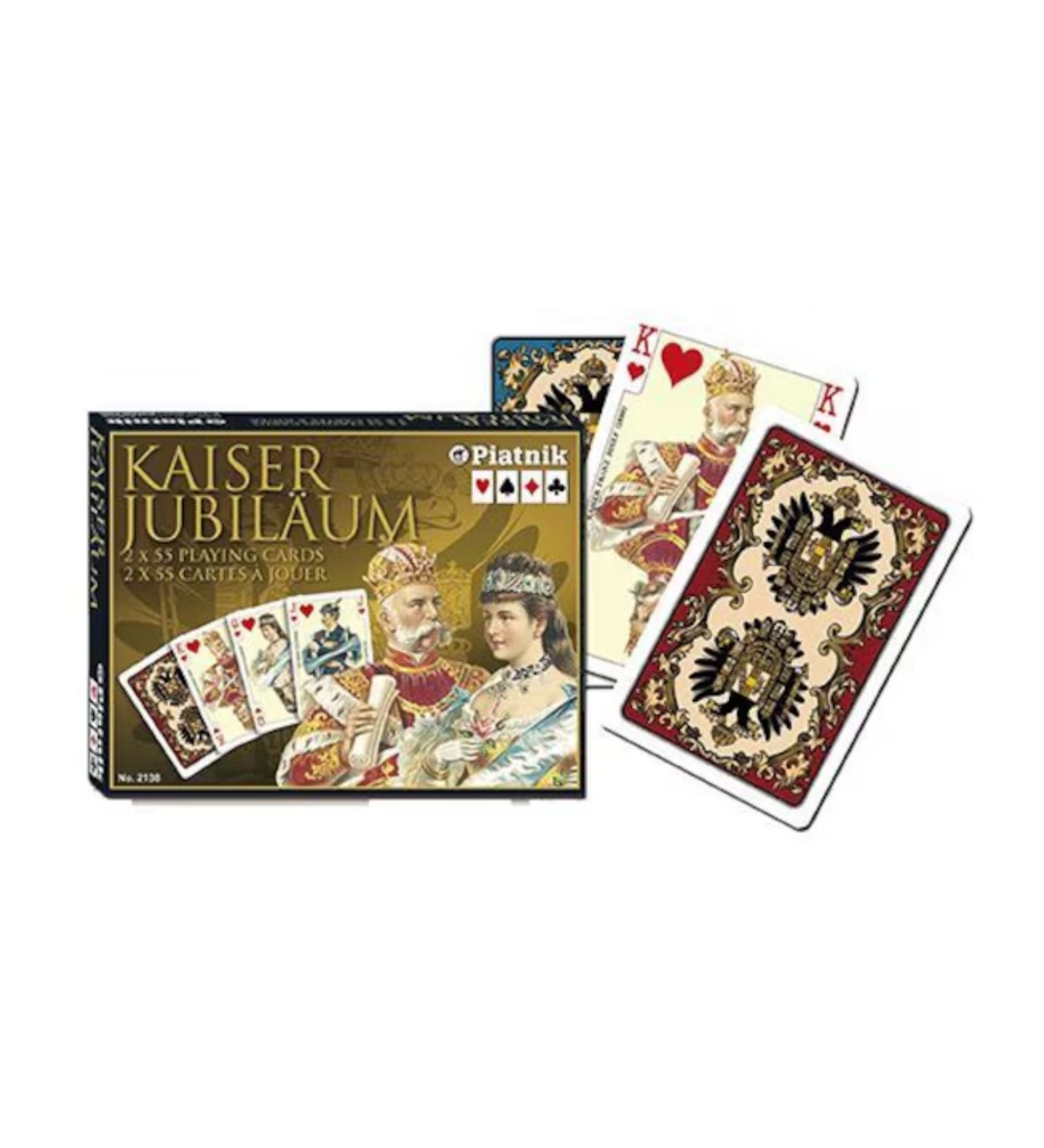Francia kártya 2x55-ös „Kaiser Jubiläum” készlet díszdobozzal, klasszikus osztrák stílusú mintákkal és elegáns hagyományos grafikával.