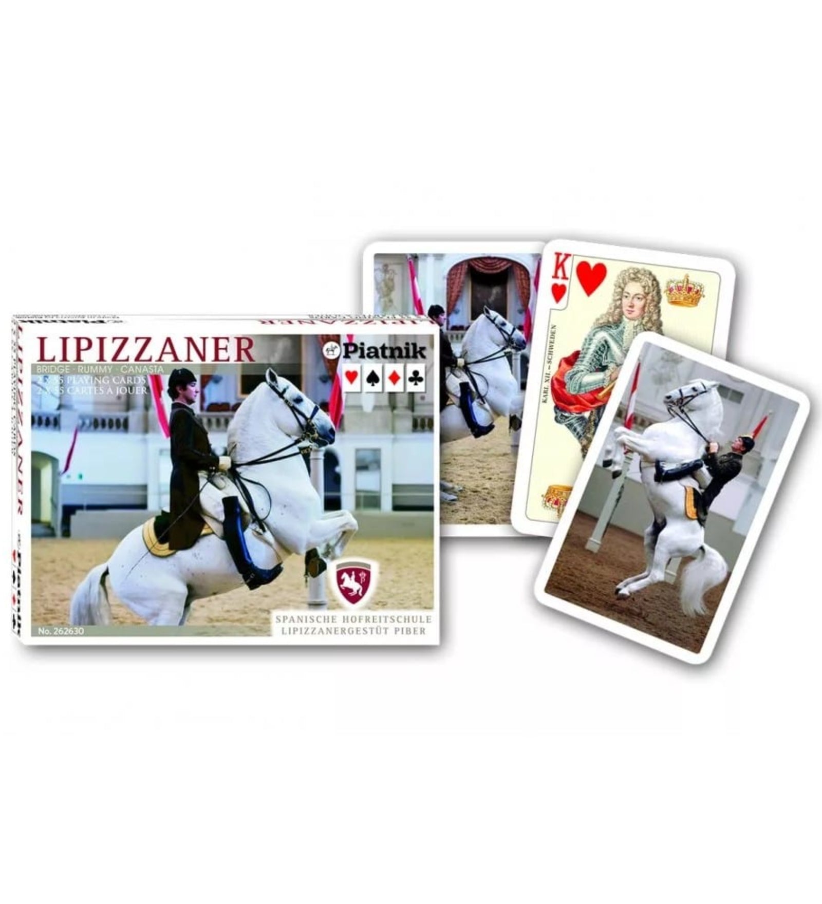 Francia kártya 2x55-ös „Lipizzaner” készlet díszdobozzal, lipicai lovakat és klasszikus lovasbemutatókat ábrázoló elegáns grafikákkal ellátott játékkártyákkal.