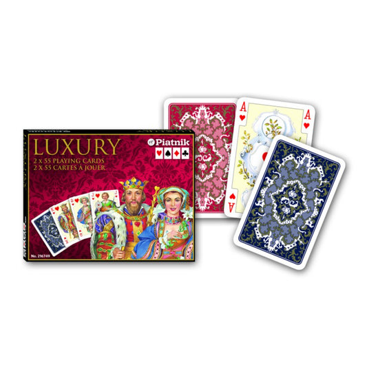 Francia kártya 2x55-ös „Luxury” készlet díszdobozzal, gazdagon díszített ornamentikus mintákkal és elegáns királyi grafikákkal.
