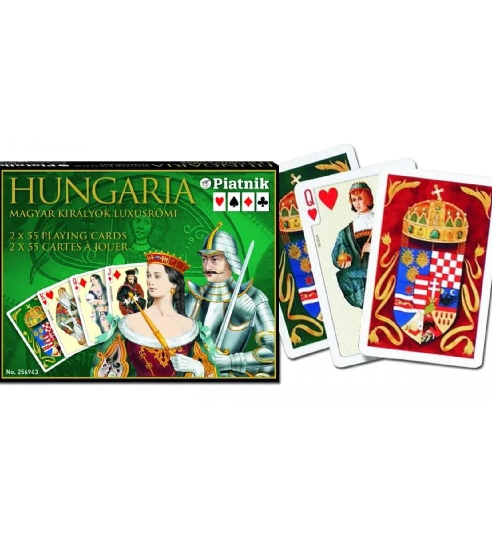 Francia kártya 2x55-ös „Hungaria – Magyar királyok” készlet díszdobozzal, magyar uralkodókat és történelmi címereket ábrázoló, részletgazdag grafikájú játékkártyákkal.