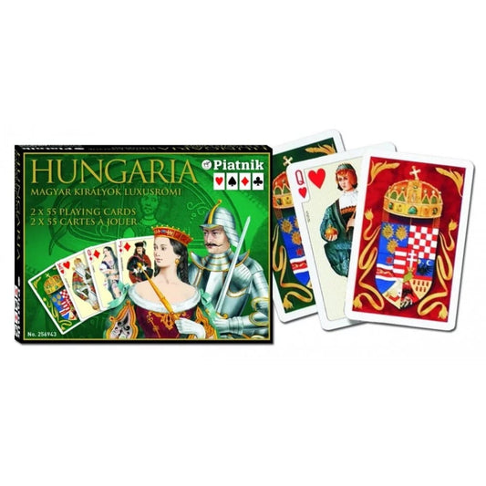 Francia kártya 2x55-ös „Hungaria – Magyar királyok” készlet díszdobozzal, magyar uralkodókat és történelmi címereket ábrázoló, részletgazdag grafikájú játékkártyákkal.