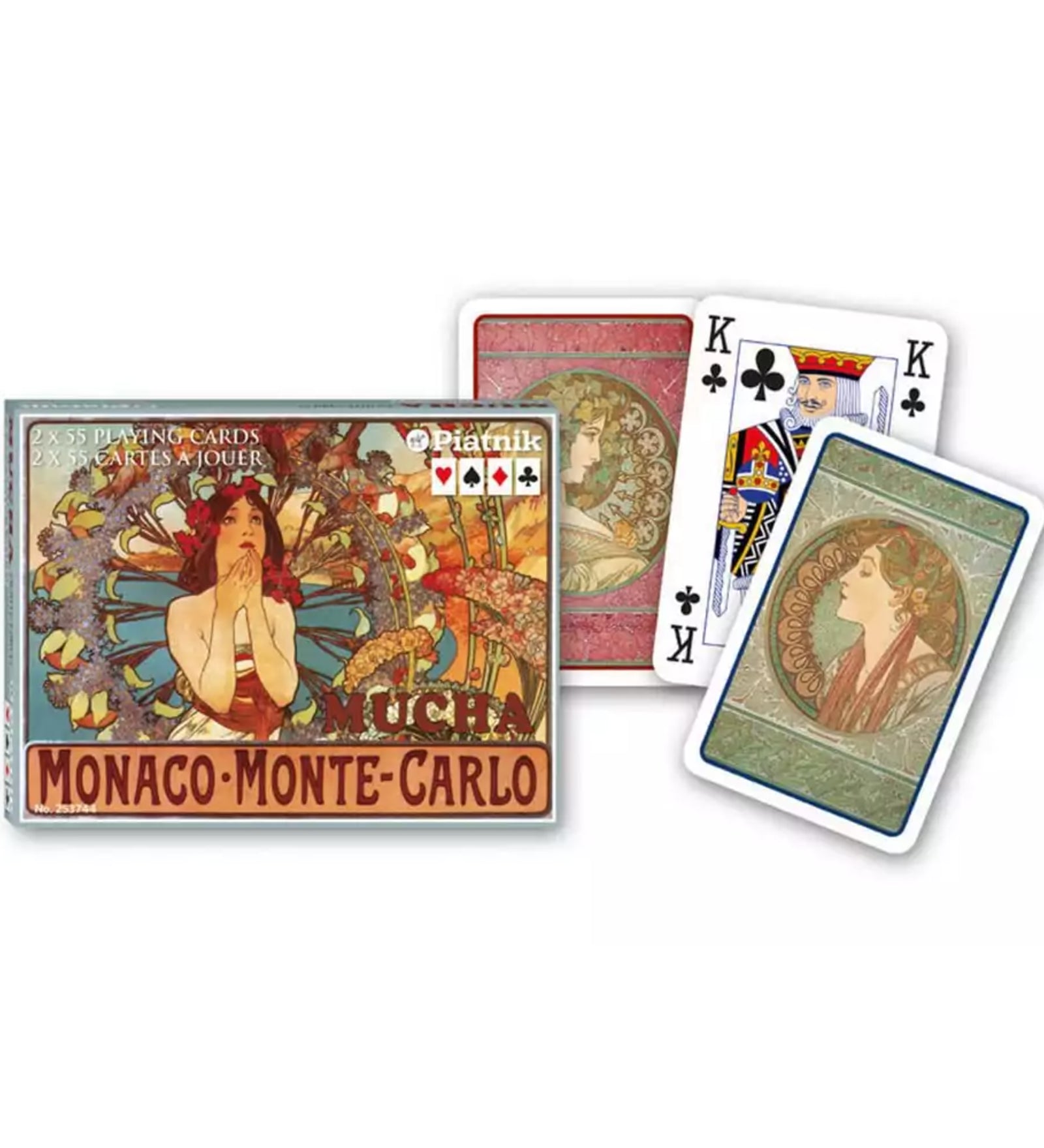 Francia kártya 2x55-ös „Mucha Monaco–Monte Carlo” készlet díszdobozzal, szecessziós stílusú női alakokat és díszes ornamentikus grafikákat ábrázoló lapokkal.