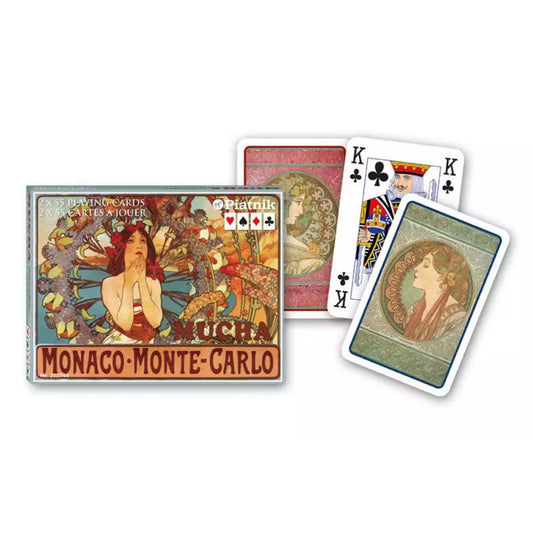 Francia kártya 2x55-ös „Mucha Monaco–Monte Carlo” készlet díszdobozzal, szecessziós stílusú női alakokat és díszes ornamentikus grafikákat ábrázoló lapokkal.