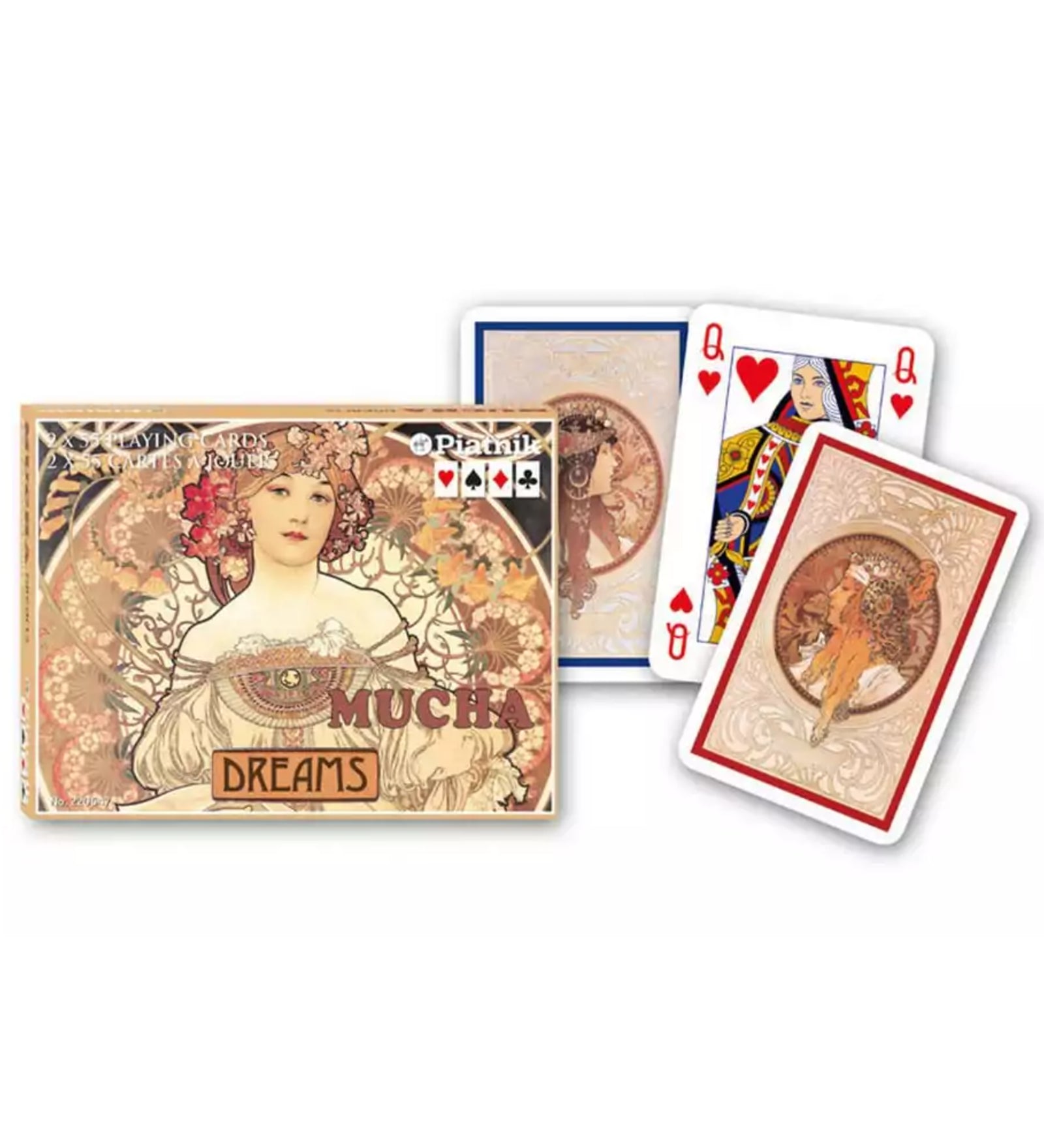 Francia kártya 2x55-ös „Mucha Dreams” készlet díszdobozzal, szecessziós stílusú női alakokat és ornamentikus motívumokat ábrázoló grafikákkal.