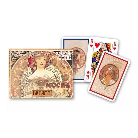 Francia kártya 2x55-ös „Mucha Dreams” készlet díszdobozzal, szecessziós stílusú női alakokat és ornamentikus motívumokat ábrázoló grafikákkal.