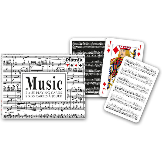 Francia kártya 2x55-ös „Music” készlet díszdobozzal, kottamintás hátlappal és zenei motívumokat ábrázoló grafikákkal.
