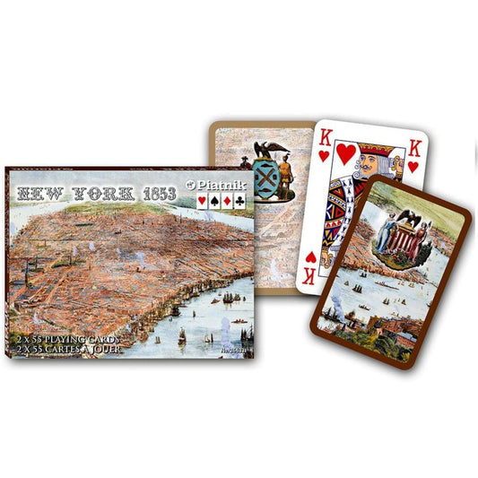 Francia kártya 2x55-ös „New York 1853” készlet díszdobozzal, történelmi térképekkel és korabeli New York látképekkel díszített játékkártyákkal.