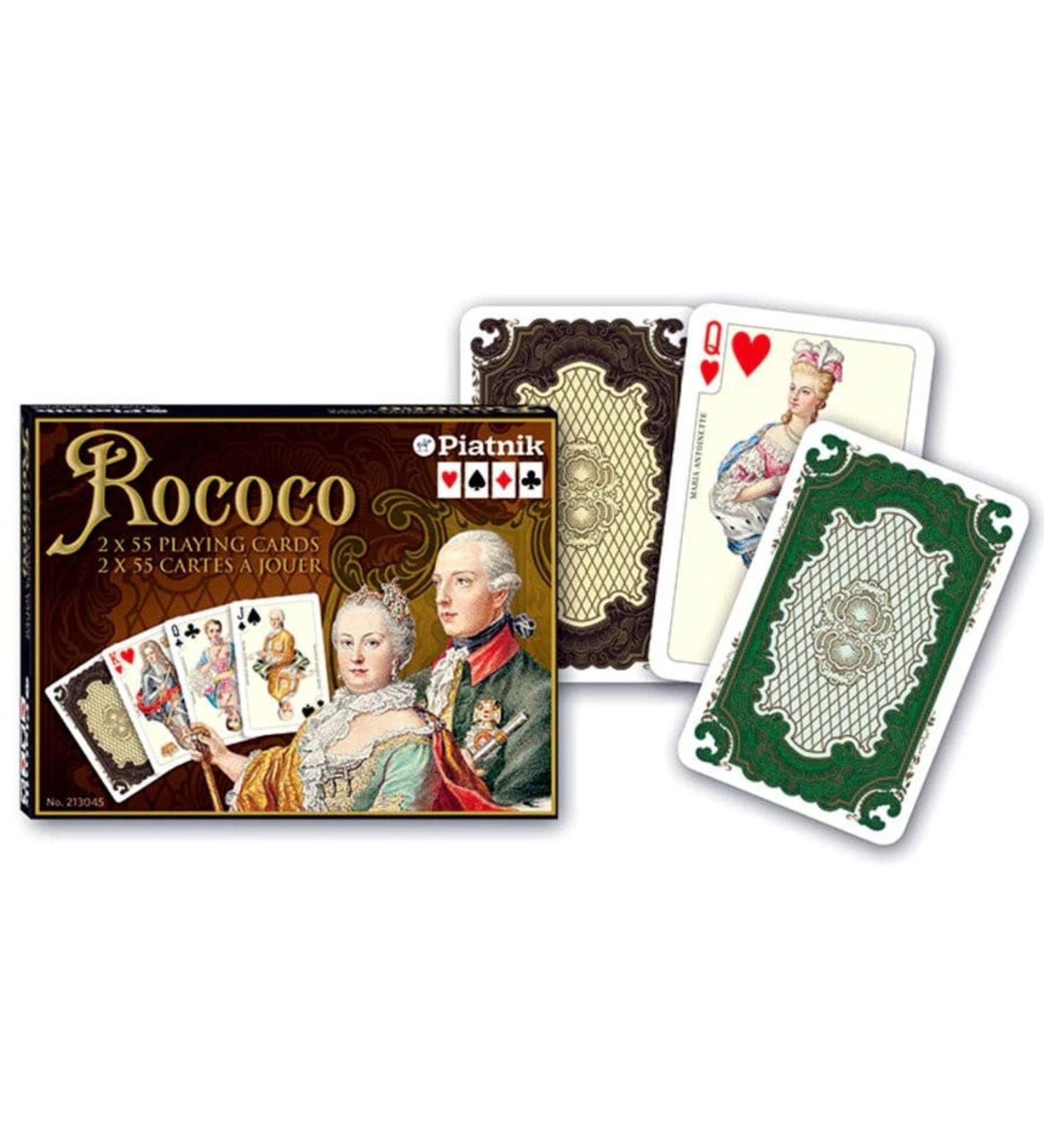 Francia kártya 2x55-ös „Rococo” készlet díszdobozzal, 18. századi rokokó stílusú nemesi portrékkal és gazdagon díszített mintázatú hátlapú játékkártyákkal.