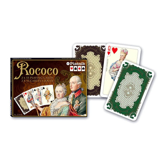Francia kártya 2x55-ös „Rococo” készlet díszdobozzal, 18. századi rokokó stílusú nemesi portrékkal és gazdagon díszített mintázatú hátlapú játékkártyákkal.