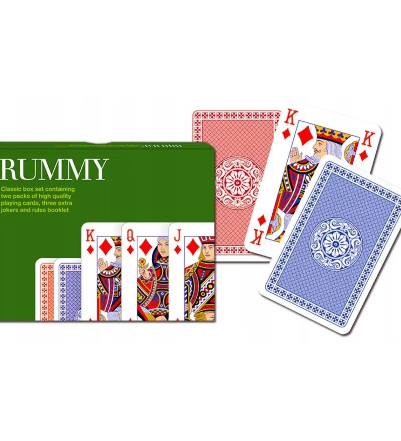 Francia kártya 2x55-ös „Rummy” készlet díszdobozzal, klasszikus mintázatú hátlappal és hagyományos figurás lapokkal.