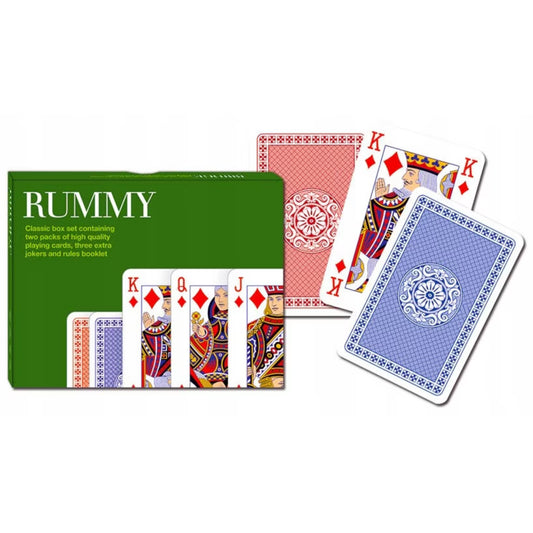 Francia kártya 2x55-ös „Rummy” készlet díszdobozzal, klasszikus mintázatú hátlappal és hagyományos figurás lapokkal.