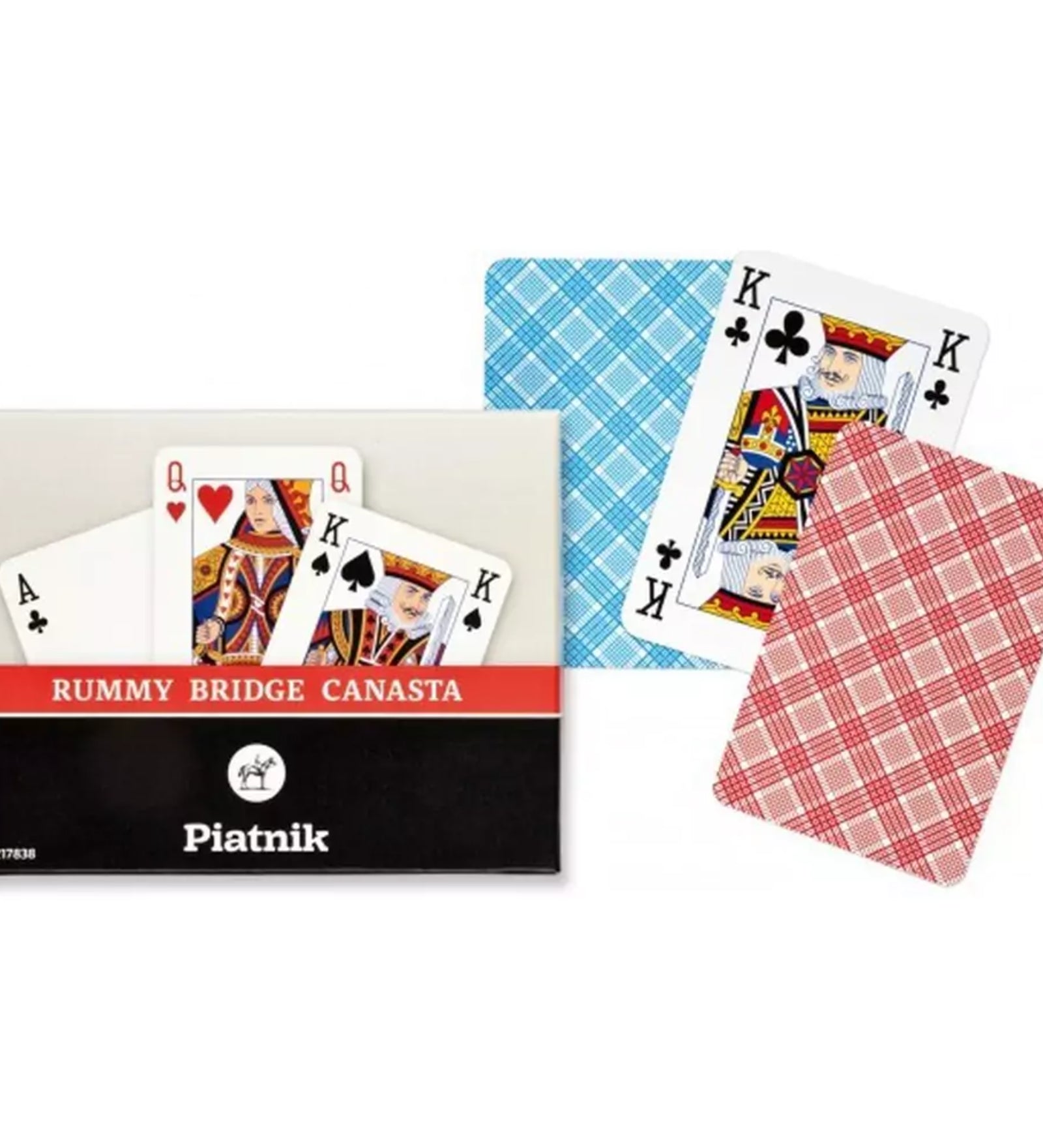 Francia kártya 2x55-ös „Rummy Bridge Canasta” készlet dobozban, klasszikus kockás hátlappal és hagyományos figurás lapokkal.