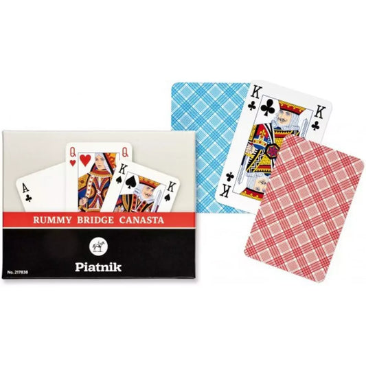 Francia kártya 2x55-ös „Rummy Bridge Canasta” készlet dobozban, klasszikus kockás hátlappal és hagyományos figurás lapokkal.