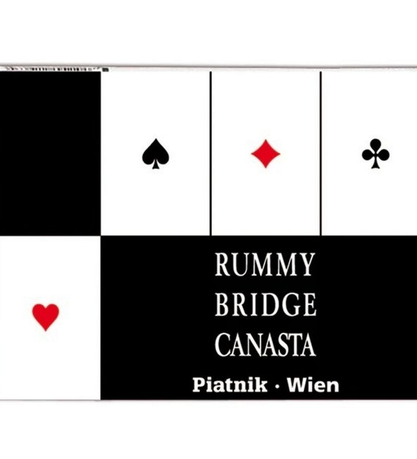 Piatnik Rummy Bridge Canasta kártya készlet doboza letisztult fekete-fehér dizájnnal, kártyaszimbólumokkal és felirattal.